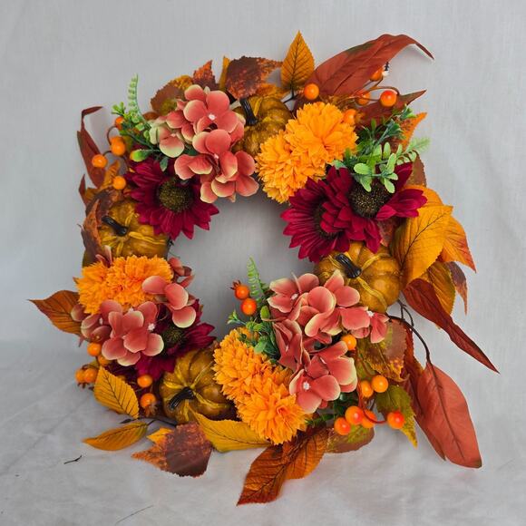 Fall Holiday Wreath 16" x 16" x 3.5" Leaves Pumpkins Floral Artificial New - Picture 4 of 12